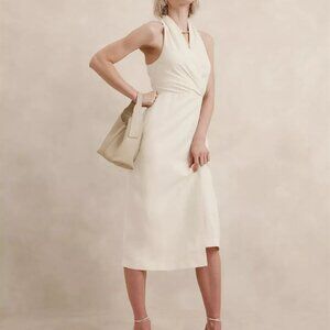 Silk-Linen Wrap Effect Midi Dress